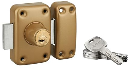 Verrou de Porte d'Entrée Vitrée TRANSIT 2 - Double Cylindre 65mm - Protections de Sécurité - 4 Clés Laiton Nickelé Réversibles et Carte de Propriété - Made in France - Finition Époxy Doré - THIRARD