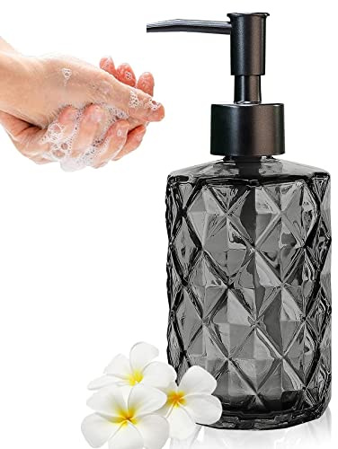 Glass Soap Dispenser with Plastic Pump, 330ml/11oz. Liquid Hand Soap Dispenser for Bathroom and Kitchen, Hand-Pump Dispenser for Dishwashing Liquid, Lotion, Soap, Essential Oil (Black)