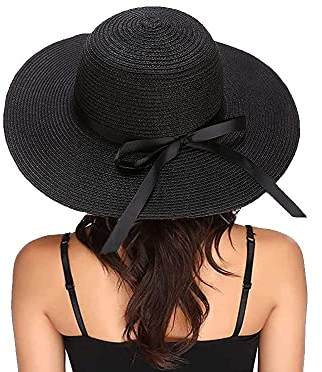 Eight Space Damen Strohhut, Klappbarer für Damen, Sonnenhut Strand Breite Krempe UV Schutz Floppy Faltbare Packable Große breite Krempe Cap Strandhut (Schwarz)