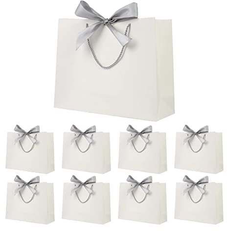 Geschenktüten aus Papier mit Schleife,Papiertüten mit Henkel,Geschenktaschen für Geburtstag, Hochzeit, Festivalfeier, Weihnachten,32 x 25 x 10cm, (Weiß, 8 Stück)