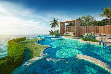 adrium Holz-Bild 120 x 80 cm: Schöne Aussicht auf das Schaukelsofa am Swimmingpool mit dem Meer bei Sonnenlicht - 3D-Darstellung(80432504)