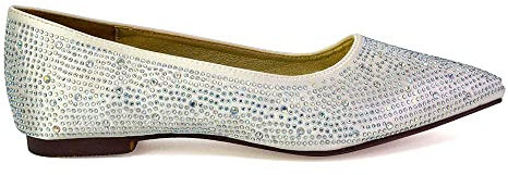 Womens Flat Diamante Shoes Ladies Wedding Slip On Point Toe Ballet Pumps Ivory Satin