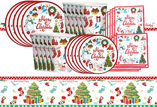 31Pcs Christmas Party Tableware Decorations,Merry Christmas Tree Tableware Set Party Table Cloth,7inch Paper Plates,Paper Napkins,Cups for Xmas Disposable Dinnerware,Picnic,Christmas party Supplier