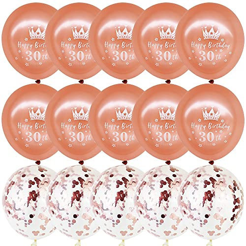 DOJoykey 30th Birthday Balloons - 10pcs Metallic Rose Gold, 5pcs Confetti, 12in Latex for Party Decoration