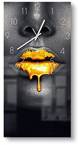 DEQORI Glasuhr | horizontal 30x60 cm | Motiv Goldbedeckte Lippen | große XXL Design Uhr aus Glas | leise Wanduhr für Wohnzimmer & Küche | Moderne Hingucker Uhr für die Wand