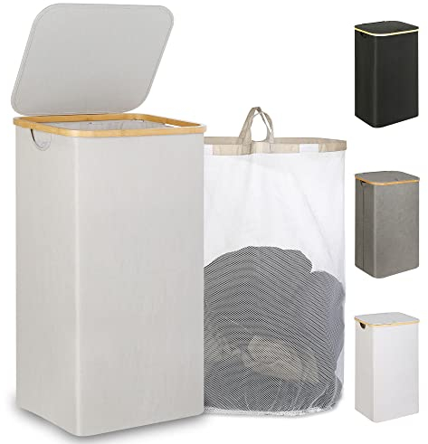 iEGrow Wäschekorb mit Deckel 110L, XL-Extra großer Wäschesammler mit Herausnehmbarer und Waschbarer Innentasche, Wäschekörbe für Waschküche, Schlafzimmer, Badezimmer (Hellgrau)