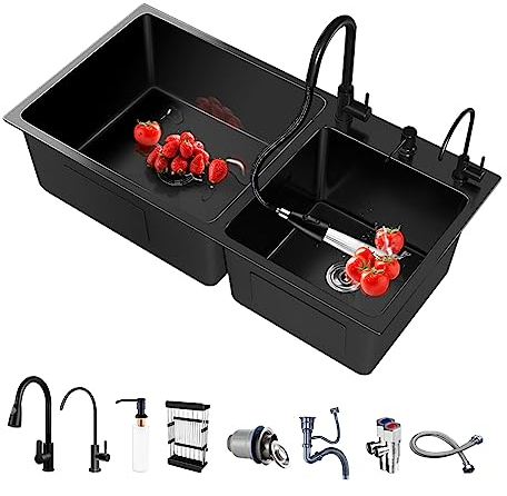 BIGYOUZI Lavandino cucina Lavello acciaio inox 2 vasche Con rubinetto e dosatore sapone estraibili e accessori per lavello. (78 * 43CM, Nero)