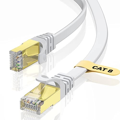 VOIETOLT Cat8 Lan Kabel 40M mit Clips, 40Gbps/2000MHz Flach Schirmung Hochgeschwindigkeit Netzwerkkabel, STP RJ45 Gigabit Cat-8 Ethernet Kabel für PS4/5, für Modem, für Router (weiß)