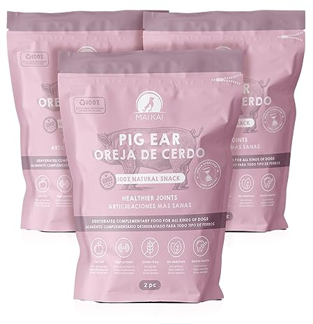 MAIKAI Schweineohren für Hunde im 6er Pack - Hundefutter - 100% Natürliche Hundesnacks - Alternativer Kauartikel zu Knochen Getrocknete Schweineohren für Hunde - Hundeleckerli