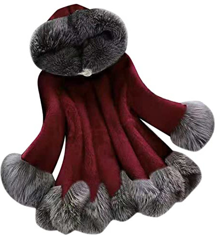 L9WEI Manteau d'hiver élégant pour femme - En fausse fourrure - Douillette - Avec capuche, rouge, L
