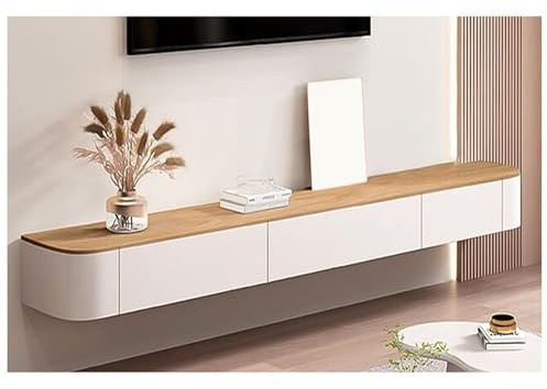 Meuble TV en Bois, Console TV Blanche avec Tiroirs, Étagère Flottante pour Salon, Table TV pour Centre De Divertissement avec Rangement, Support TV Long À Montage Mural (Color : Natural, S : 140cm)