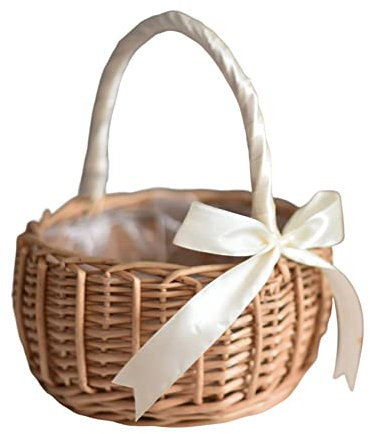 Canasta de flores tejida, canasta de flores de ratán de mimbre con cinta de canasta de flores de ratán pequeño canasta de almacenamiento de dulces con mango para decoración de la boda, cinta blanca