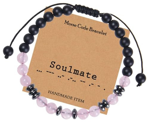Ayoiow 6mm Perlenarmbands 17cm Armreif 6mm Morse Code Paar Armband Soulmate Rosa Armbänder für Damen