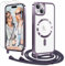 Ethanger Handyband für iPhone 15 Hülle mit Band + 2 Stück Glas Schutzfolie Transparent Silikon Handyhülle Magnetische Schutzhülle zum Umhängen Kordel für iPhone 15 Lila