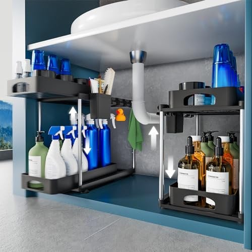 VERIFOST 2 Pack Spülschrank Organizer, 2 Tier Unterschrank Organizer mit Zwei Ausziehbaren Schubladen, höhenverstellbar Spülenunterschrank Organizer für Küche, Bad, Schrank, Schwarz