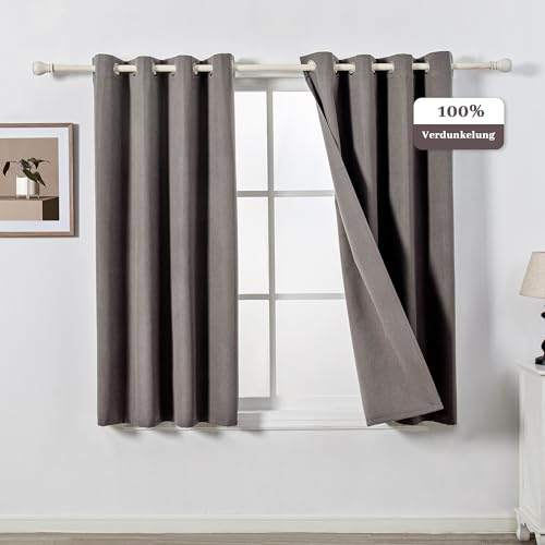 MYSKY HOME Gardinen Blickdichte Vorhänge Schlafzimmer Vorhang Kurz Ösen Kälteschutz Blackout Curtain Verdunkelung, H 160 x B 130 cm, Dunkelgrau, 2er Set
