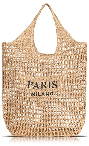 Pleneal Stroh-Strandtaschen für Frauen – Handgefertigte gewebte Tragetasche, Sommer-Netz-Schultertasche für den Urlaub, Paris, Einheitsgröße