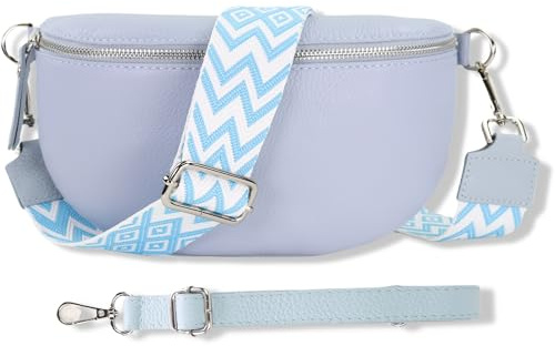 Blade Bauchtasche Damen Echtleder, stylische Gürteltasche Damen mit 2 gemusterten und Leder abnehmbaren & verstellbaren Breiten Gürteln, Crossbody Bag Damen, Hochwertige Tasche für Frauen-HELL BLAU