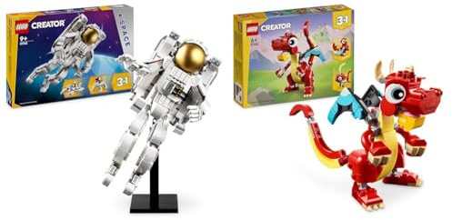 LEGO Creator 3in1 Astronaut im Weltraum Spielzeug, Modellbausatz mit Hund und Raumschiff für Kinder & Creator 3in1 Roter Drache, Spielzeug mit 3 Tierfiguren inkl. Roter Drache
