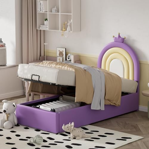 Dolamaní Einzelbetten Mädchen Bett 90x200 cm Prinzessin, Hydraulikbett Polsterbett mit Stauraum, Jugendbett Bett mit Lattenrost & Kopfteil mit Kronen- und Regenbogen-Design, Blassviolett