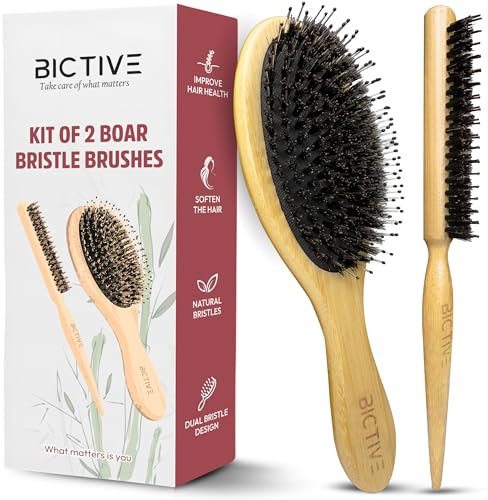 BICTIVE® Kit de 2 Brosses Cheveux Poils de Sanglier Différent. Brosse Plaquante Cheveux, Brosse Plaquage Brosse Poils Sanglier Pour Cheveux Fins et Fragiles Peigne, Démêlant, pour Femmes Hommes