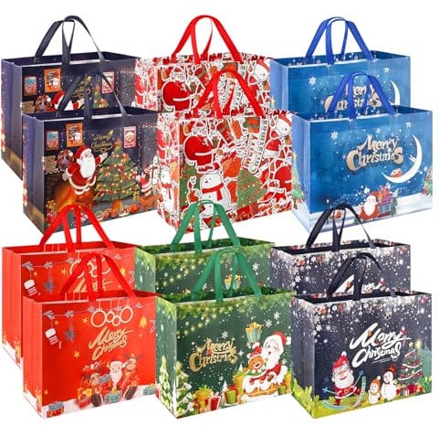 12 Stück Geschenktüten Weihnachten Groß, Weihnachtstragetaschen mit Griffen, Non Woven Weihnachtstaschen, Wiederverwendbare Weihnachtstüten, Geschenktaschen 43 * 32 * 18 CM