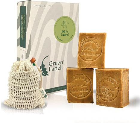 GREEN FADEL Savon D'Alep Original 3 x 200g (Deluxe) 40% Huile De Laurier, 60% Huile D'Olive, Savon À L'Huile D'Olive, Naturel, Aleppo Soap, Fait Main, Vegan, Pour Le Visage Et Le Corps.