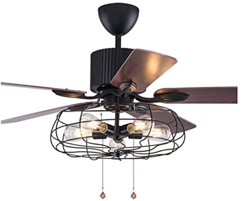 Retro 48 Inch Ceiling Fan with Lights Wood Blades Remote Control Iron Cage Chandelier for Living Room Fan Light Combo