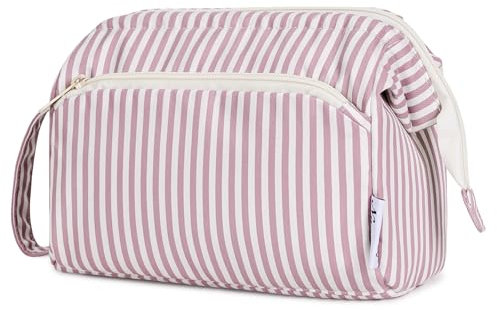 Narwey Kulturtasche Damen Kulturbeutel Kosmetiktasche Schminktasche Reise Make-up-Tasche mit Weit Offener Tasche für Damen Frauen (Rosa Streifen)