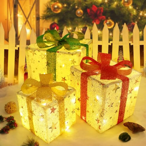 GBLY LED Geschenkbox Weihnachten Deko: 3er Set Personalisierte Geschenke Innen mit Fernbedienung Weihnachtsstern Beleuchtet 50 LEDs Beleuchtung Batterie unter Weihnachtsbaum für Wohnzimmer Garten