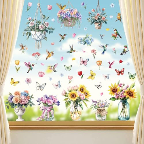 Pegatinas de Ventana Flores Girasol Vinilos para Ventanas Jardín de Flores Ventana de Primavera Vinilos para Cristales Ventanas Calcomanías Reutilizables de Doble Cara pegatinas