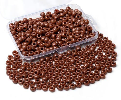 Sahoottie Braune Pony Beads 9mm Braune Perlen Großes Loch Kandi Beads Haarperlen für Zöpfe Pony Perlen zum Auffädeln Perlen für Armbänder Halskette Basteln 500 Stück