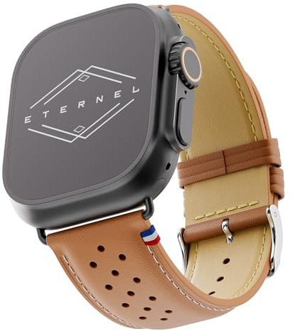 Eternel - Roadster Bracelet emblématique - Compatible toutes Apple Watch - 45/46mm - Fait main en France - Tannage végétal - Gold - Adaptateurs ultra noir