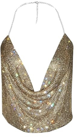 JIAHG Pailletten Top Oberteile mit Neckholder, Paillett Neckholder Weste, Tank Top Neckholder BH, Damen Halter Crop Top V-Ausschnitt, Bauchtanz Oberteil für Bauchtanz, Boho, Club, Oberteil