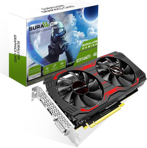 SURALLOW GTX 1660 TI 6GB Graphics Card, GDRR6,192-Bit,PCIE 3.0X16 Computer Graphics Card for Gaming PC,Twin Freeze Fans Video Card with HDMI/DP/DVI Ports for Gaming GPU