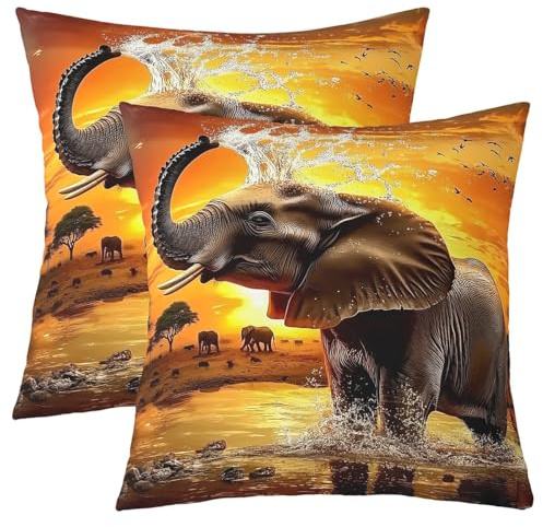 Homewish Kissenbezüge Set von 2 50x50cm 3D Elefant Kissenbezug Orange Afrikanischer Elefant Kissenabdeckungen werfen Ethnischer Wildtierdruck Dekorative Kissenbezüge Exotischer Stil Natur Thema