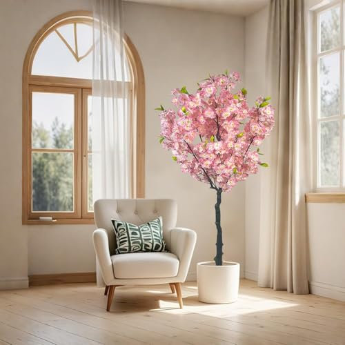 Creperture Cerezo artificial de 5 pies, 150 cm, plantas artificiales en maceta con flores y hojas de seda rosa, planta de cerezo grande, decoración para bodas, fiestas, hogar, oficina