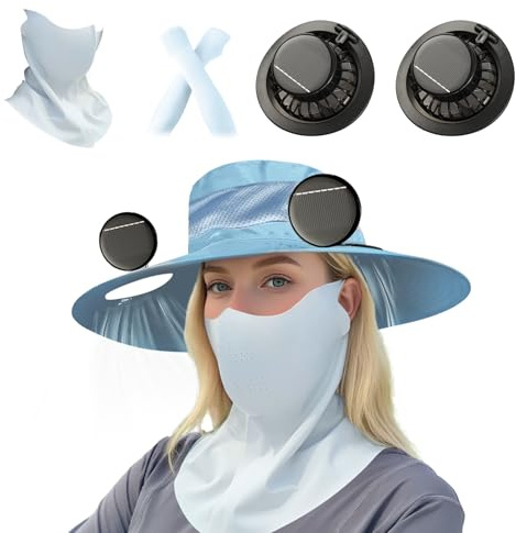 Solar Fan Hat for Women, Sun Hats with 2 Fan Built in, Cooling Sunhats Solar Powered for Summer Beach Fishing Outdoor Camping Ladies (with Face Masks and Arm Sleeves)