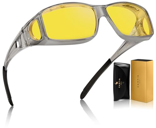 CARFIA Überzieh Nachtsichtbrille über Normale Brille, Wrap Around Brille für Brillenträger Damen Herren, Fit over Night Vision Driving Glasses