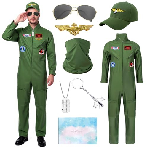 TOLOYE Pilot Costume Men, Pilot Costume Aviator with Pilots Hat Aviator Sunglasses Accessories, Fancy Dress for Adults, Flight Suit for Halloween Cosplay Party, L