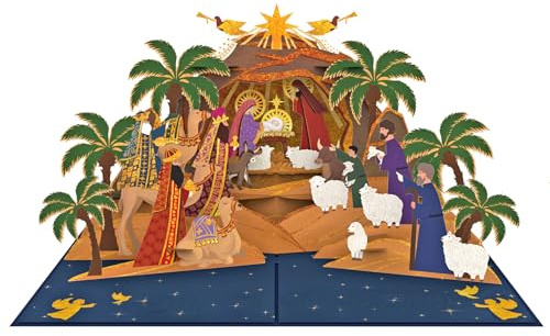 Favour Pop Up Nostalgische 3D Weihnachtskarte Krippe mit Heiliger Familie, Drei Königen & Engeln – Handgefertigte Klappkarte mit goldverziertem Cover, Einsteckkarte & Umschlag TM109