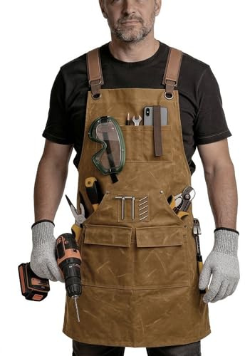 TootyTots Delantal Trabajo Hombre Lona Encerada 20oz - Impermeable & Robusto - Mandil Carpintero con 9 Bolsillos, Imán & Guantes Anticorte - Ajustable Espalda Cruzada S-3XL (Khaki)
