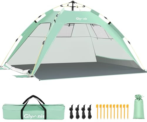 Glymnis Strandmuschel Quick Up Strandzelt Strand Zelt für 3-4 Personen | automatisch Zelt mit Reißverschlusstür UV-Schutz 50+ Windschutz Strand kleines Packmaß Strandzelt