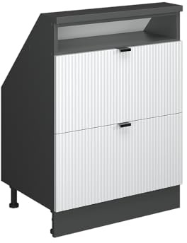 Vicco Küchenschrank für Dachschrägen R-Line, Weiß Riffel, 60 cm | 2 Schubladen · Tiefe 46 cm · Höhenverst. Füße · ✓ Leichter Zugriff · ✓ Frei kombinierbar