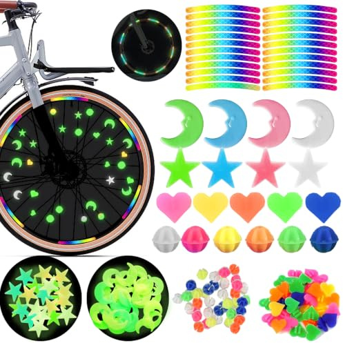 KORVANO 216 Stück Bunten Fahrradspeichen Speichenperlen, Reflektierende Speichenklicker Fahrrad Zubehör, Speichen Dekorationen in Mond, Stern, Herz & runde Perlen, Deko für Damen und Herren