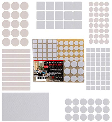 ToniTec Filzgleiter Selbstklebend für Stühle, Basis Set 135 Stück mit 7 verschiedenen Größen, Rund und Rechteckig, Filz für Möbel Filzunterlage Weiß