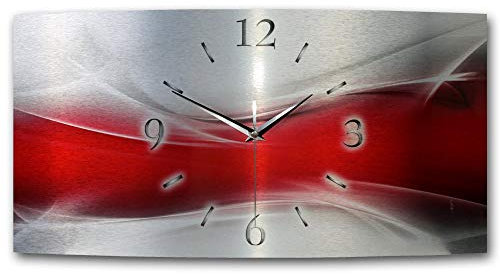 „Abstrakt“ - Designer-Wanduhr aus gebürstetem Aluminium in Zwei Größen mit leisem Uhrwerk (Red Wave, Funkuhr 80x40cm)
