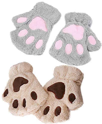 INTVN Fingerlos Handschuhe Katze-Greifer-Tatze Plüsch Fäustlinge Niedliche Cartoon Halbfinger Winter Warme Halbfinger Fausthandschuh Outdoor Fingerless Gloves, 2 Paare