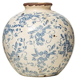 Creative Co-Op DF2720 Vase, 20,3 cm, Terrakotta, Blumenmuster und Crackle-Finish, Blau