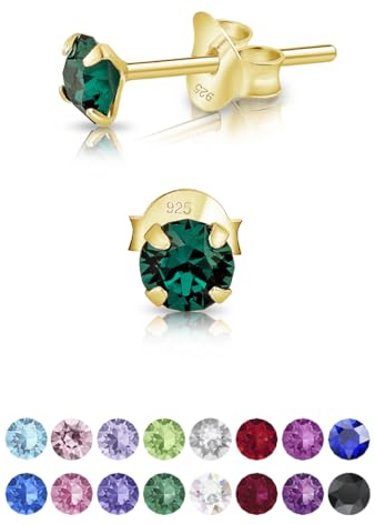 DTPsilver - Winzige Ohrringe 925 Sterling Silber Gelb Vergoldet mit Kristallen von Swarovski® Elements Runde Sehr kleine Ohrstecker - Durchmesser 4 mm - Farbe : Smaragd